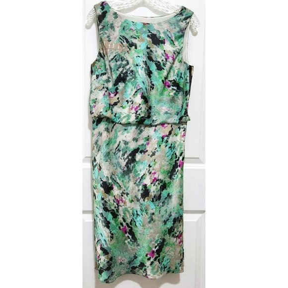 Ann Taylor Green Abstract Print Blouson Sleeveless Zipper Dress SIze 10 - Picture 1 of 5